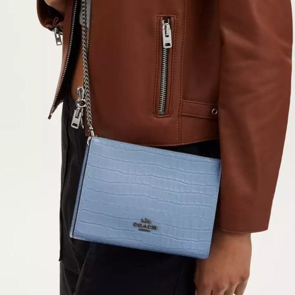 Coach Klare Crocodile Embossed Leather Crossbody Bag in Cornflower Blue - Picture 1 of 11